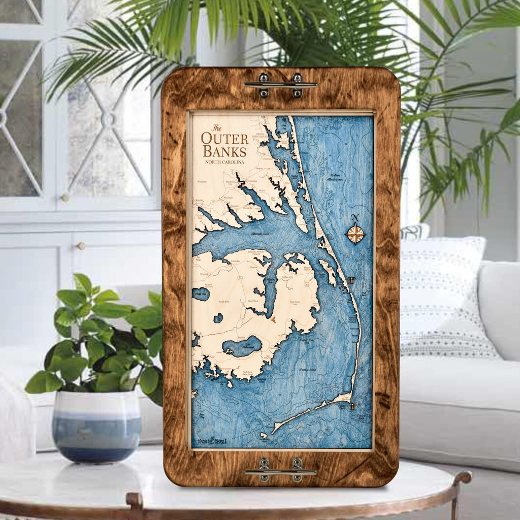 Outer Banks 3D Wood Map Nautical Decor Serving Tray & Wall Art, OBX Coastal Home Decor, Nautical Ottoman Tray, Handcrafted in The USA, 13 x 24.5-in (Distressed Coffee/Deep Blue)