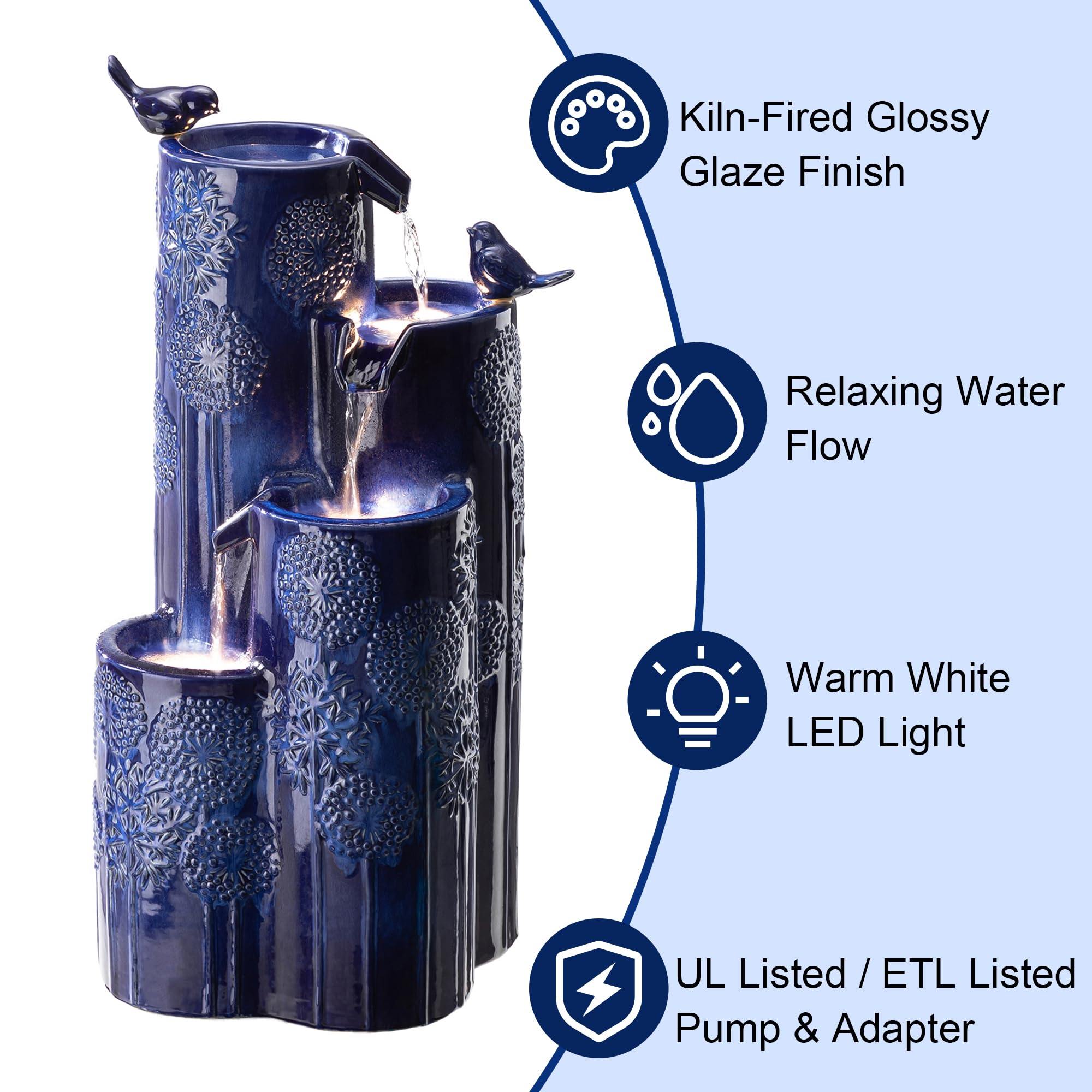 Glitzhome 32" H Outdoor Water Fountain with LED Lights and Pump, 4 Tier Ceramic Cobalt Blue Dandelion Texture Outdoor Fountains and Waterfalls with Cute Birds, for Porch Deck Garden Patio Backyard