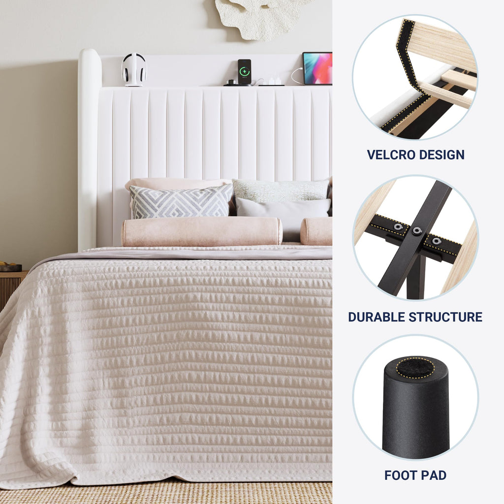 Allewie King Size Platform Bed Frame with USB Charging Station and Storage Shelf/Upholstered Velvet Wingback Headboard/Wooden Slats Support/No Box Spring Needed/Easy Assembly, White