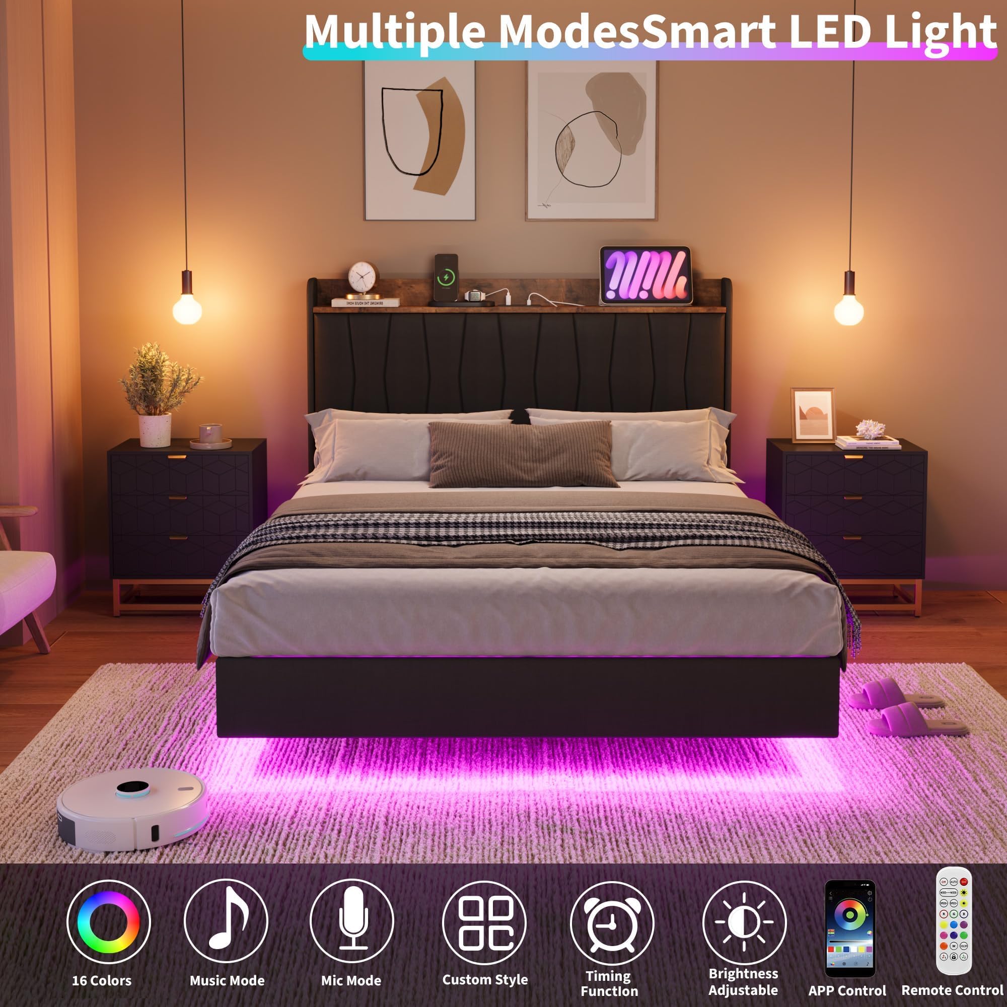 GAOMON Floating King Size Bed Frame with Upholstered Storage Headboard, Platform Bed Frame with LED Lights & Charging Station, Wood Slats Support, No Box Spring Needed, Black
