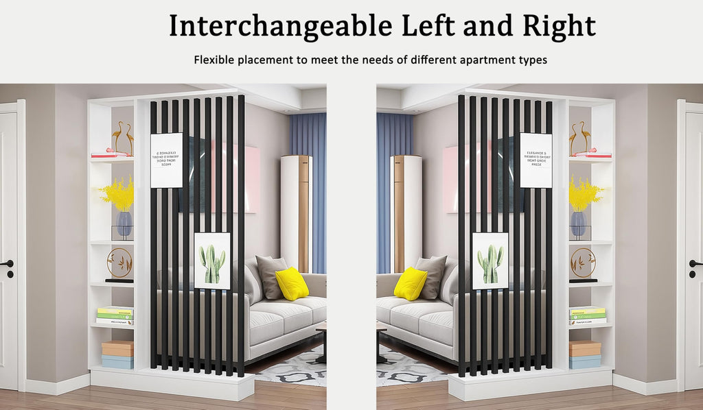 Wall Room Divider with Storage Shelves, Modern Freestanding Room Divider Screen, Open Room Wood Partition for Home & Office Decor (Grey + Black, 39.5" L x 9.5" W x 79.5" H)