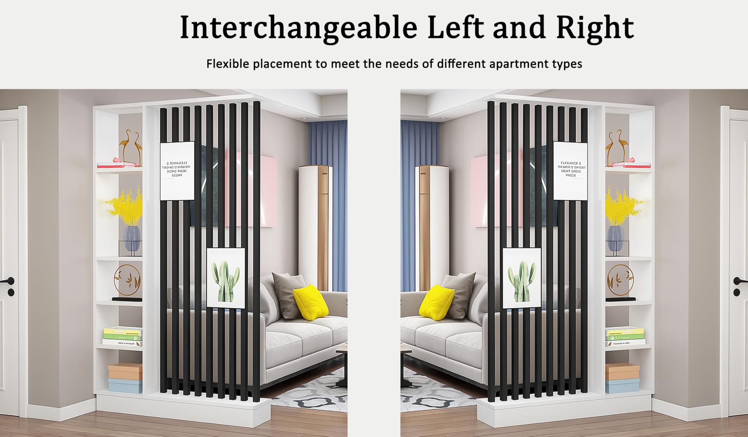 Wall Room Divider with Storage Shelves, Modern Freestanding Room Divider Screen, Open Room Wood Partition for Home & Office Decor (Grey + Black, 31.5" L x 9.5" W x 79.5" H)