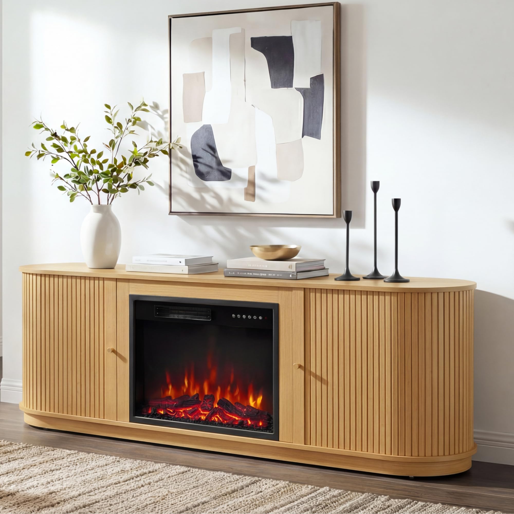 KISLOT 70'' Fluted Fireplace TV Stand for TVs Up to 80",Sliding Tambour Doors,Modern Entertainment Center with 23" Electric Fireplace, Power Outlet & Cable Management, Media Console for Living Room