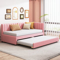 Acosure Twin Size Upholstered Linen Daybed with Twin-Size Trundle,Sofa Bed Frame W/Slat Support and Back & Armrest,No Box Spring Needed,for Apartment,Bedroom,Guest Room,Pink