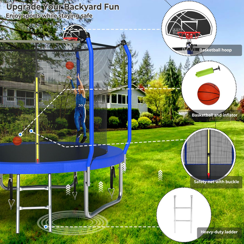 Lyromix Upgraded 8FT Trampoline for Kids and Adults, Large Outdoor Trampoline with Basketball,Stakes, Light, Sprinkler,Basketball Hoop and Net, Capacity for 3-5 Kids and Adults, Royal Blue