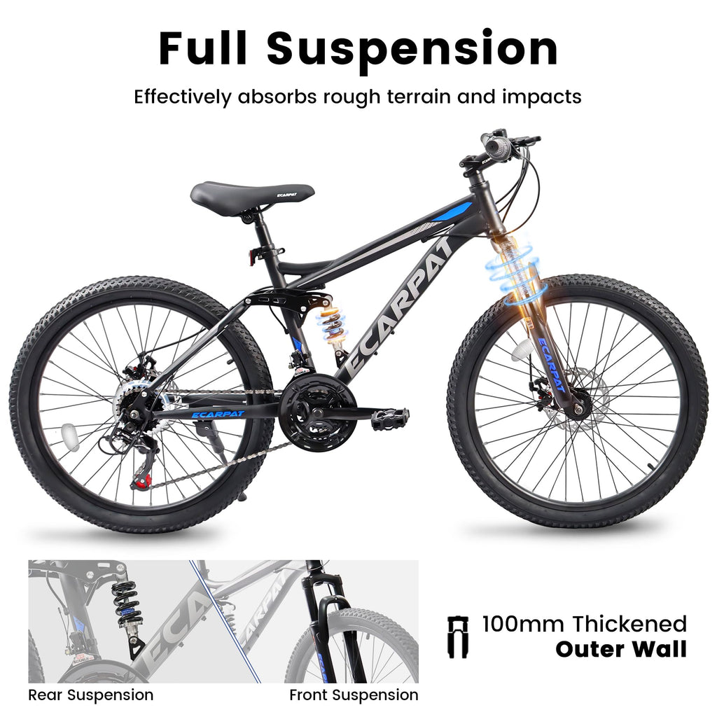 Ecarpat Mountain Bike 24 Inch Wheel, 21-Speed Disc Brakes Thumb Shifter, Carbon Steel Frame Mens Trail Commuter City Snow Mountain Bikes Bicycles