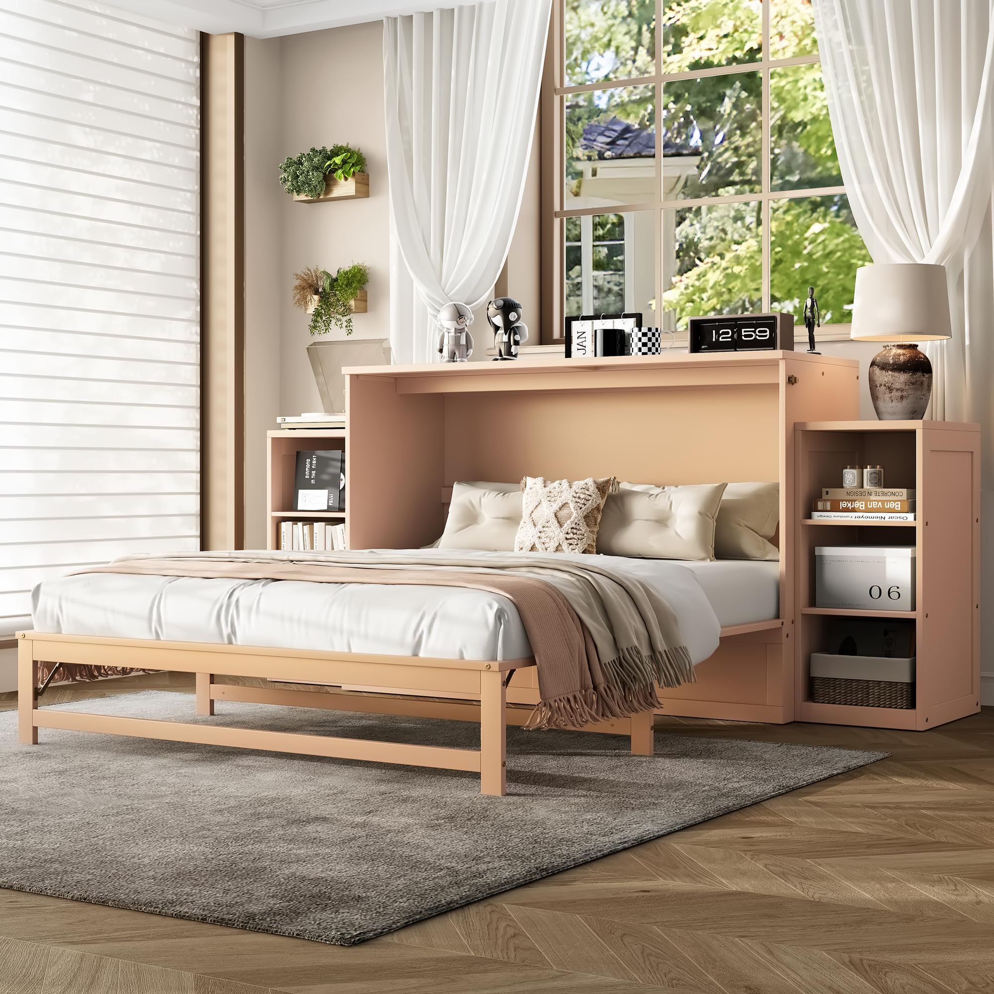 DNYN Pine Wood Murphy Bed Cabinet with Dual Multi-Layers Shelves and 2 Storage Drawers for Guest Room/Home Office, Space-Saving Foldable Bed Frame, No Box Spring Needed