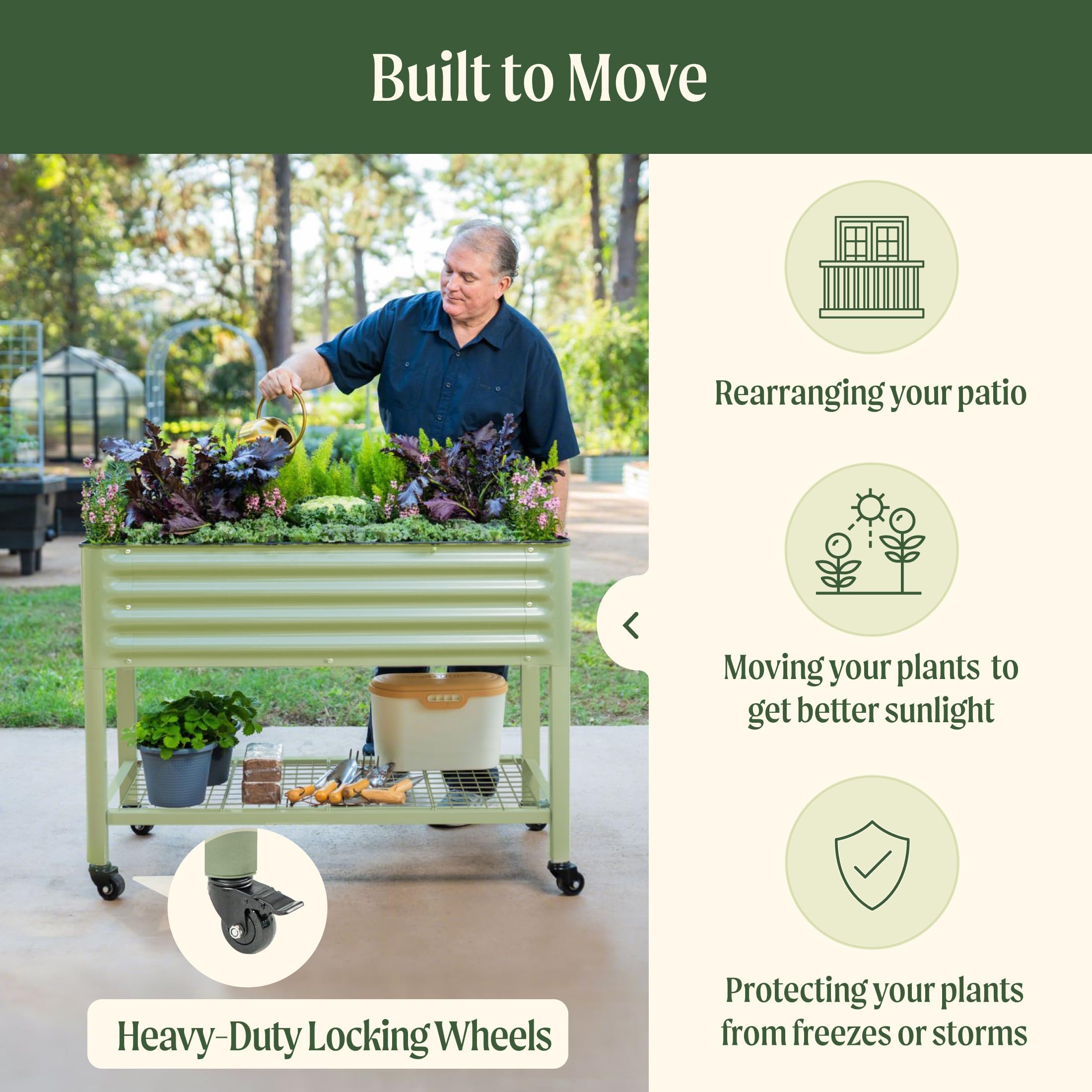 Rolling Elevated Raised Garden Bed-V Series, 2' x 8' Garden Beds with Legs & Storage Rack for Patio & Porch, 1400 Lbs Weight Capacity, Outdoor Planter Box for Vegetables Flower Herbs, Olive Green