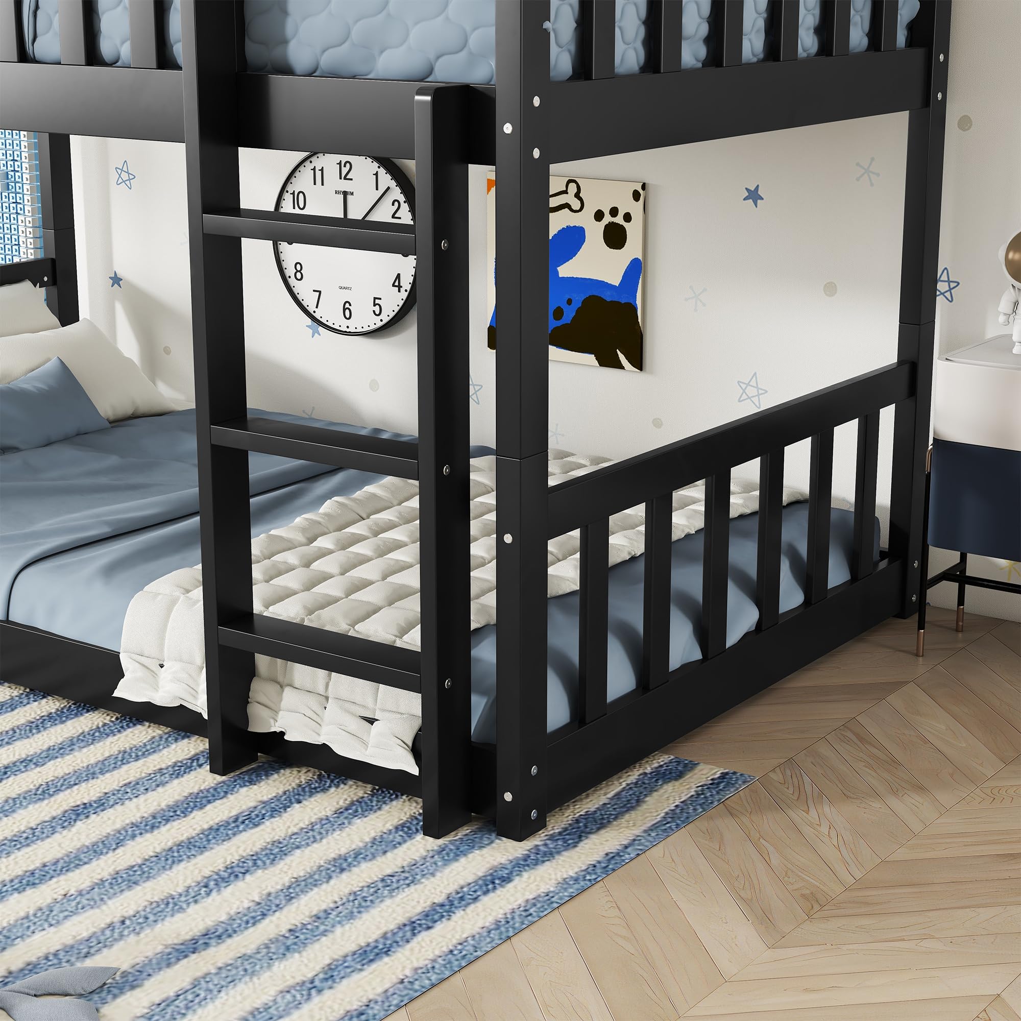 Solid Wood Triple Bunk Bed for 3 Kids, 3 Bed Bunk Beds with Two Built-in Ladders,Twin Over Twin Over Twin Triple Bunk Bed,Detachable Triple Bunk Beds Twin Size,Black