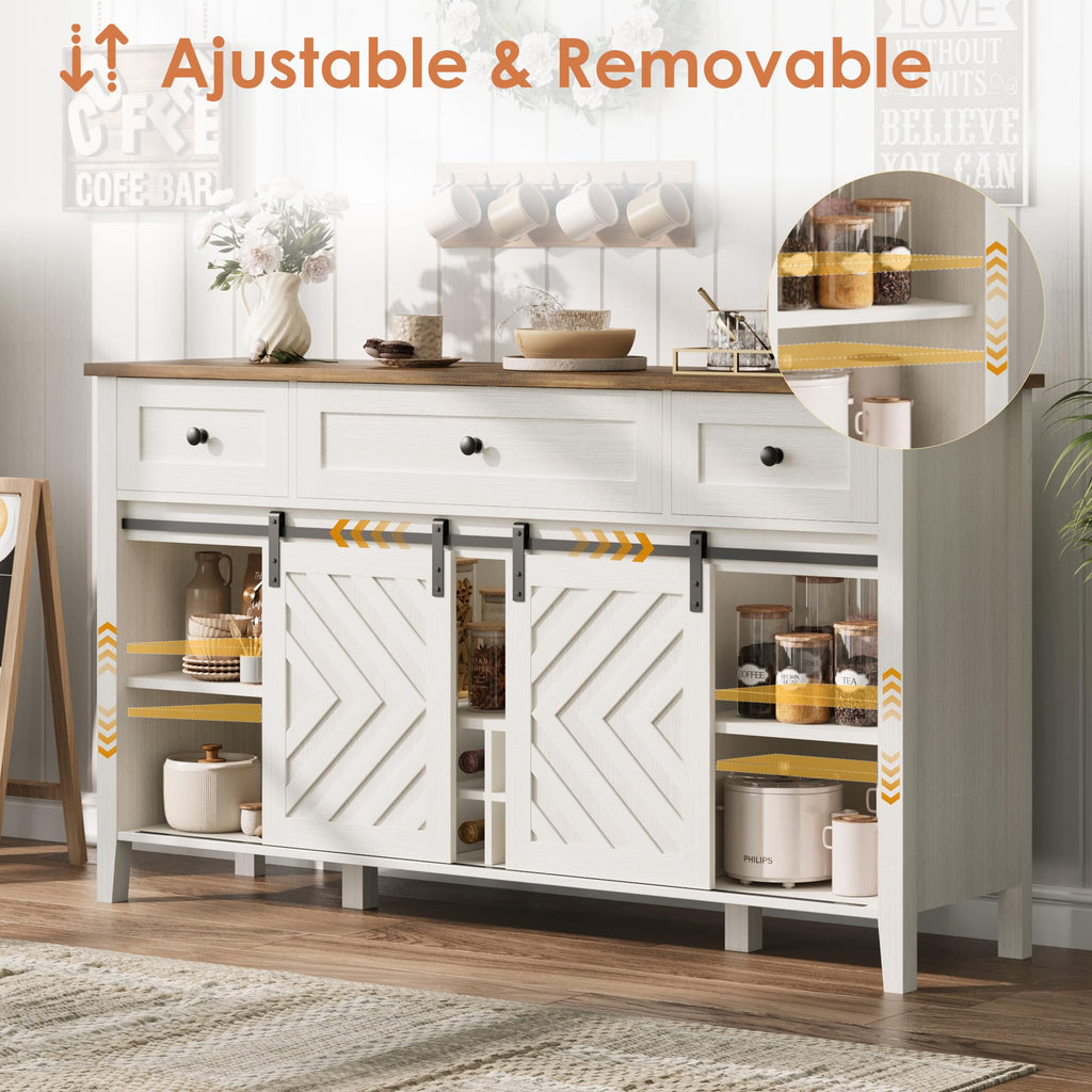 IDEALHOUSE 59'' Farmhouse Buffet Cabinet with Sliding Barn Door, 33.4'' Tall Wood Rustic Sideboard with 3 Drawer, Adjustable Shelf and Removable Wine Rack for Dining Room, Kitchen, White