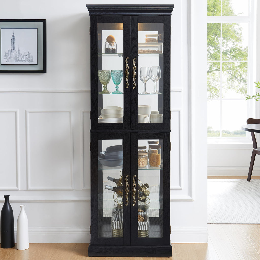 Elountik Lighted Curio Display Cabinet, Glass Storage with Wood Frame, Built-in Lighting for Living Room, Kitchen, Pantry, Ideal for Wine, Toys, Collectibles - Black
