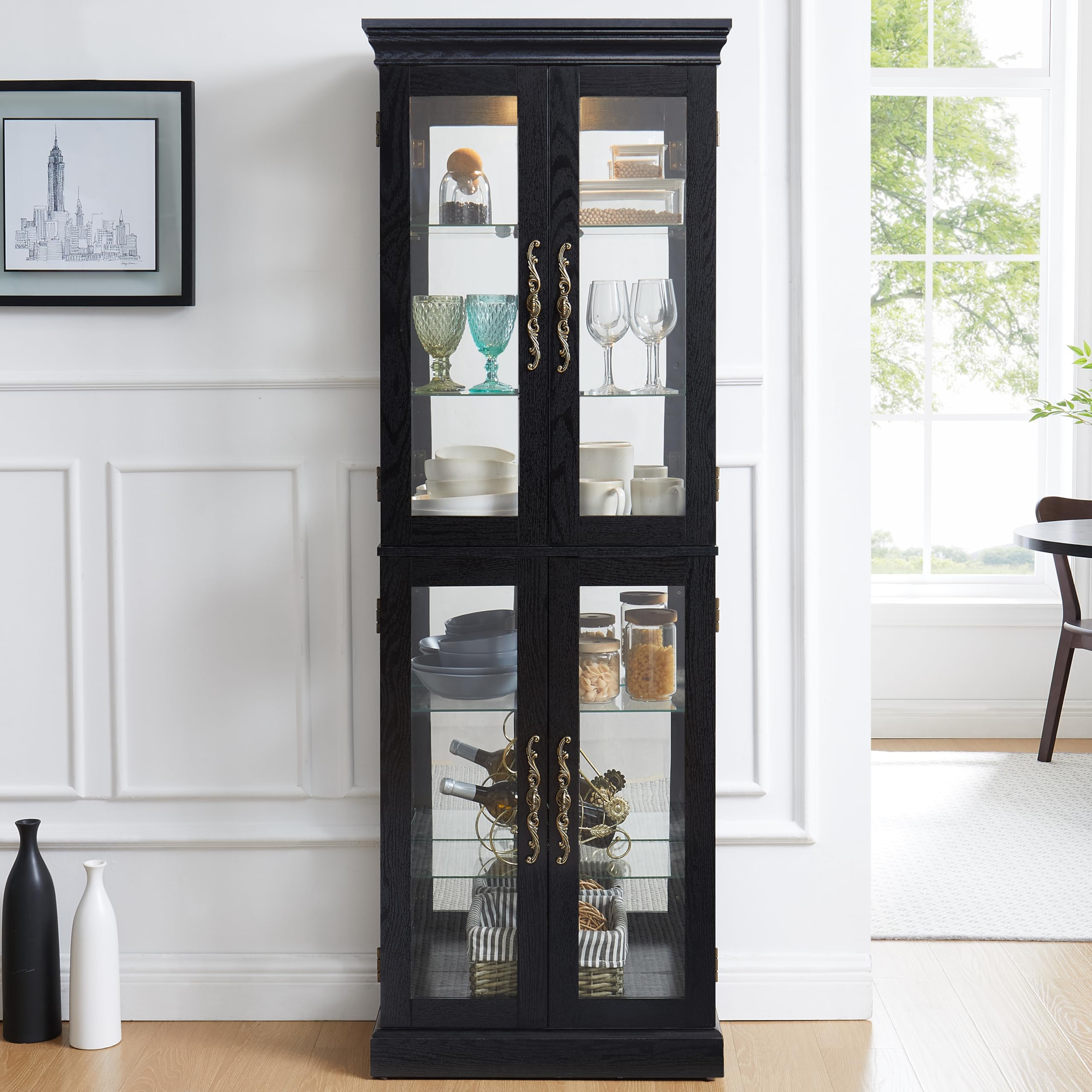 Elountik Lighted Curio Display Cabinet, Glass Storage with Wood Frame, Built-in Lighting for Living Room, Kitchen, Pantry, Ideal for Wine, Toys, Collectibles - Black