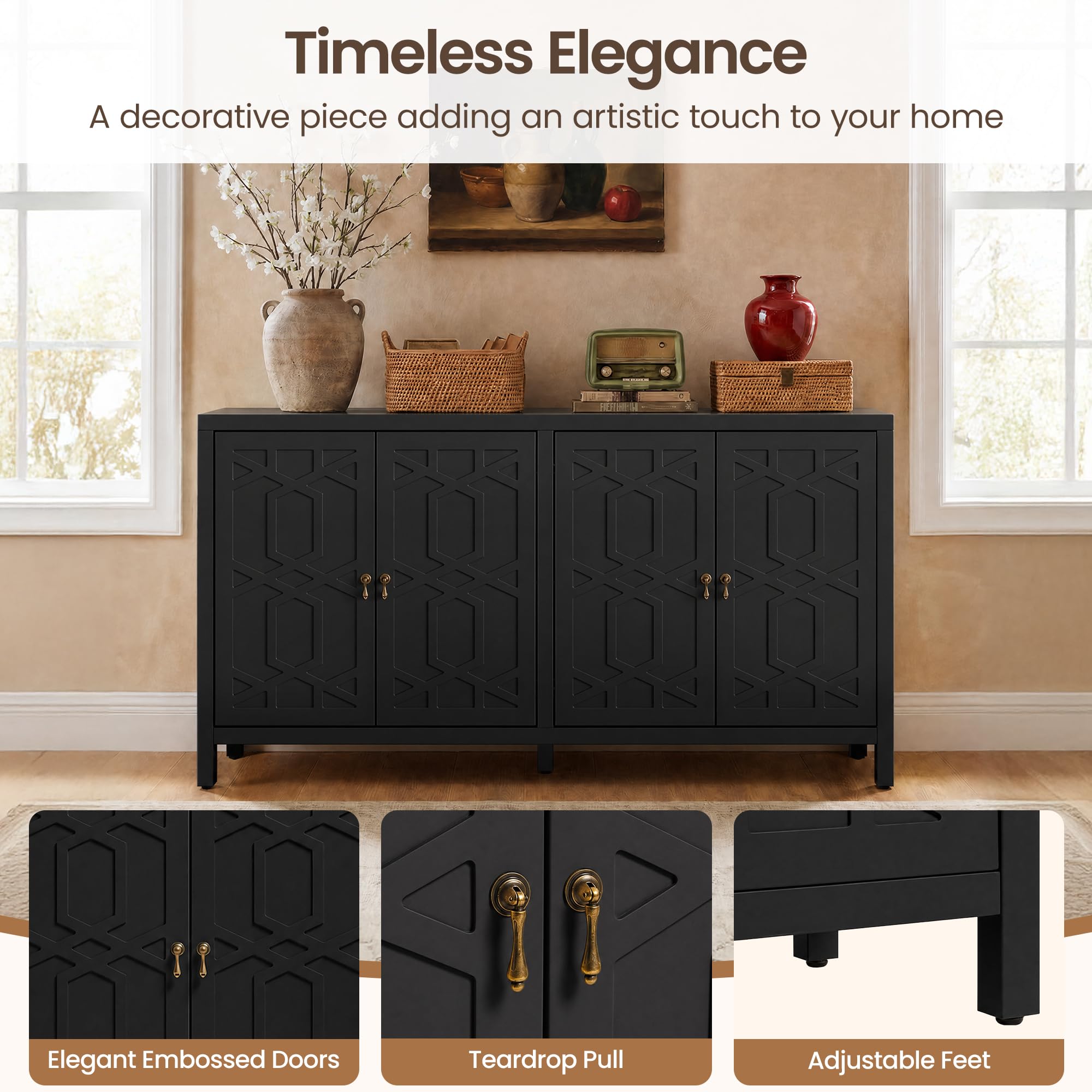 RoyalCraft Buffet Cabinet with Storage, 60" W Modern Coffee Bar Sideboard with 4 Doors & Adjustable Shelves, Painted Wooden Credenza for Dining Room, Kitchen, Living Room, Entryway, Black