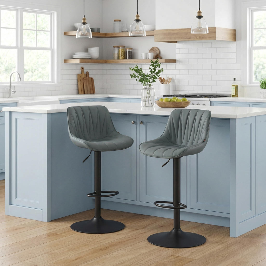 YOUNIKE Grayish Green Bar Stools Set of 2, Faux Leather Padded Counter Height Swivel Bar Chairs, Adjustable Barstools with Back for Kitchen Island, Modern Tall Sunburst-Line Series