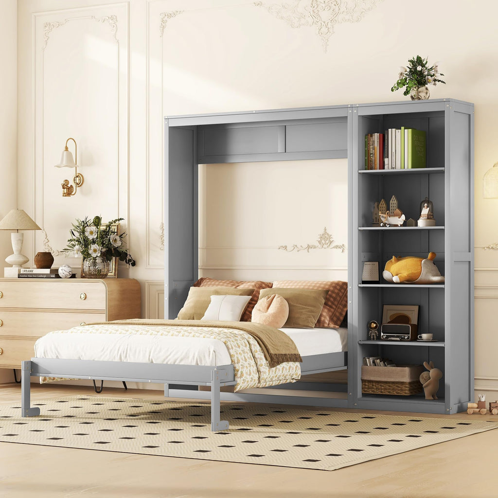 PacknWood Acosure Queen Size Murphy Five-Layer Cabinet,Bedroom Solid Wood Storage Hidden Wall Beds Frame W/Dual Piston Metal Folding Mechanism Designed,for Home Office,Study,Guest Room,Gray