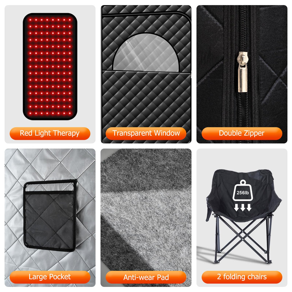 AMOCANE Portable Infrared Sauna with 660nm Red Light Therapy Lamp, 2 Person Red Light Sauna Spa for Home, Full Body Personal Tent with 2 Large Chairs, Remote Control, Dry Heated for Gym/Pilates/Garage