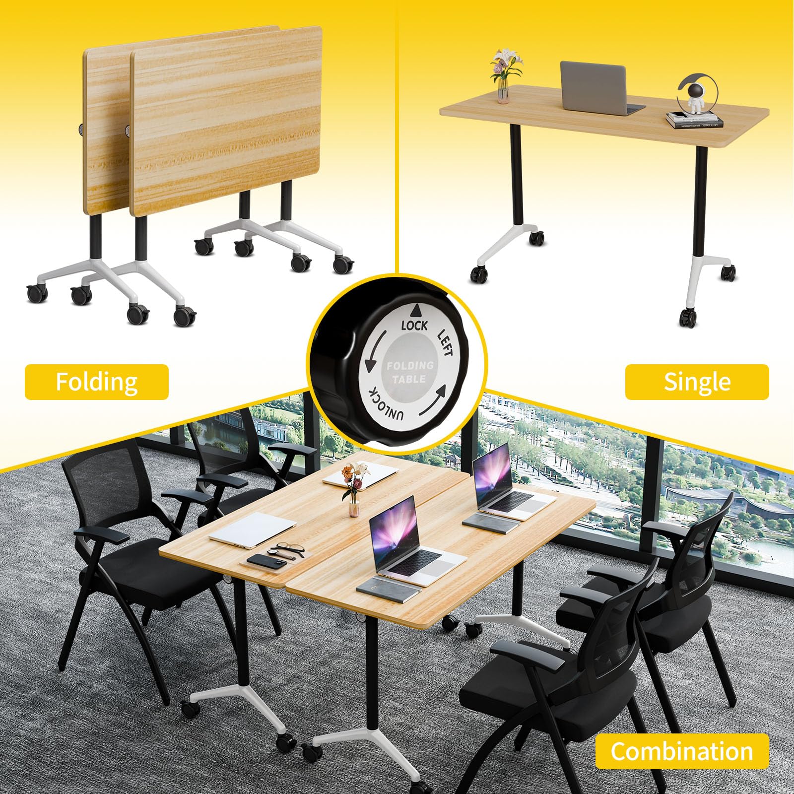 JNMDLAKO Conference Table, Folding Conference Room Tables On Wheels - Mobile Rectangle Large Meeting Seminar Tables,Flip Top Mobile Training Room Table for Office Business Classroom (4, Yellow, 63in)