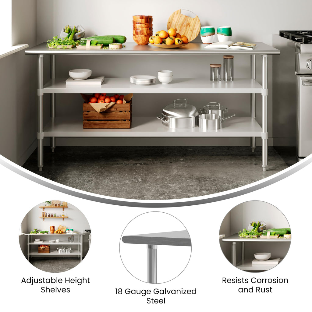 Flash Furniture Reese Stainless Steel 18 Gauge Work Table with 2 Undershelves - NSF Certified - 72" W x 24" D x 34.5" H