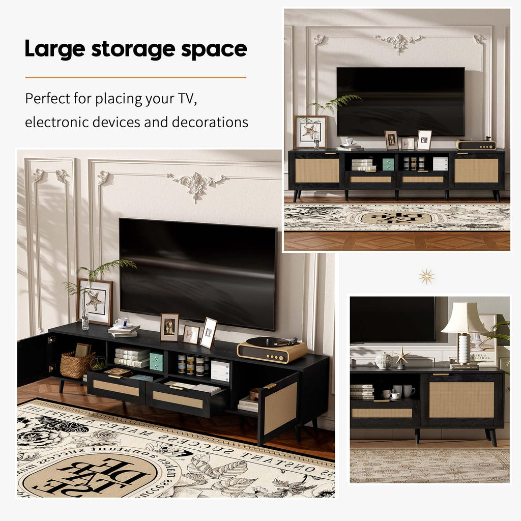 Merax TV Stand for TVs up to 85", 78 Inch Modern Media Console, Entertainment Center with Storage Drawers and Rattan Doors, Open Shelves, Solid Wood TV Cabinet Table for Living Room Furniture