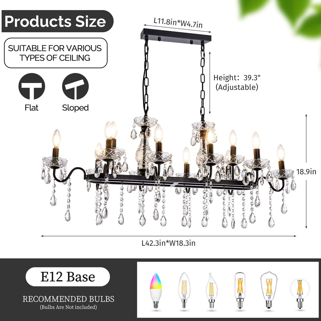 TOCHIC Modern Farmhouse Chandelier for Dining Room, 42" Black Crystal Chandeliers Kitchen Island Lighting Ceiling Pendant Light Fixture for Living Room Bedroom Kitchen Hallway Bar, 12 Lights