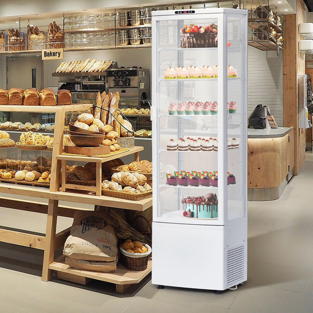 SierraSquad 9.8 Cu.ft Commercial Refrigerator Display Case, Pastry Display Fridge with 4-Sided Double-Layered Glass & LED Lighting, Ventilated Cooling Bakery Display Refrigerator with Casters