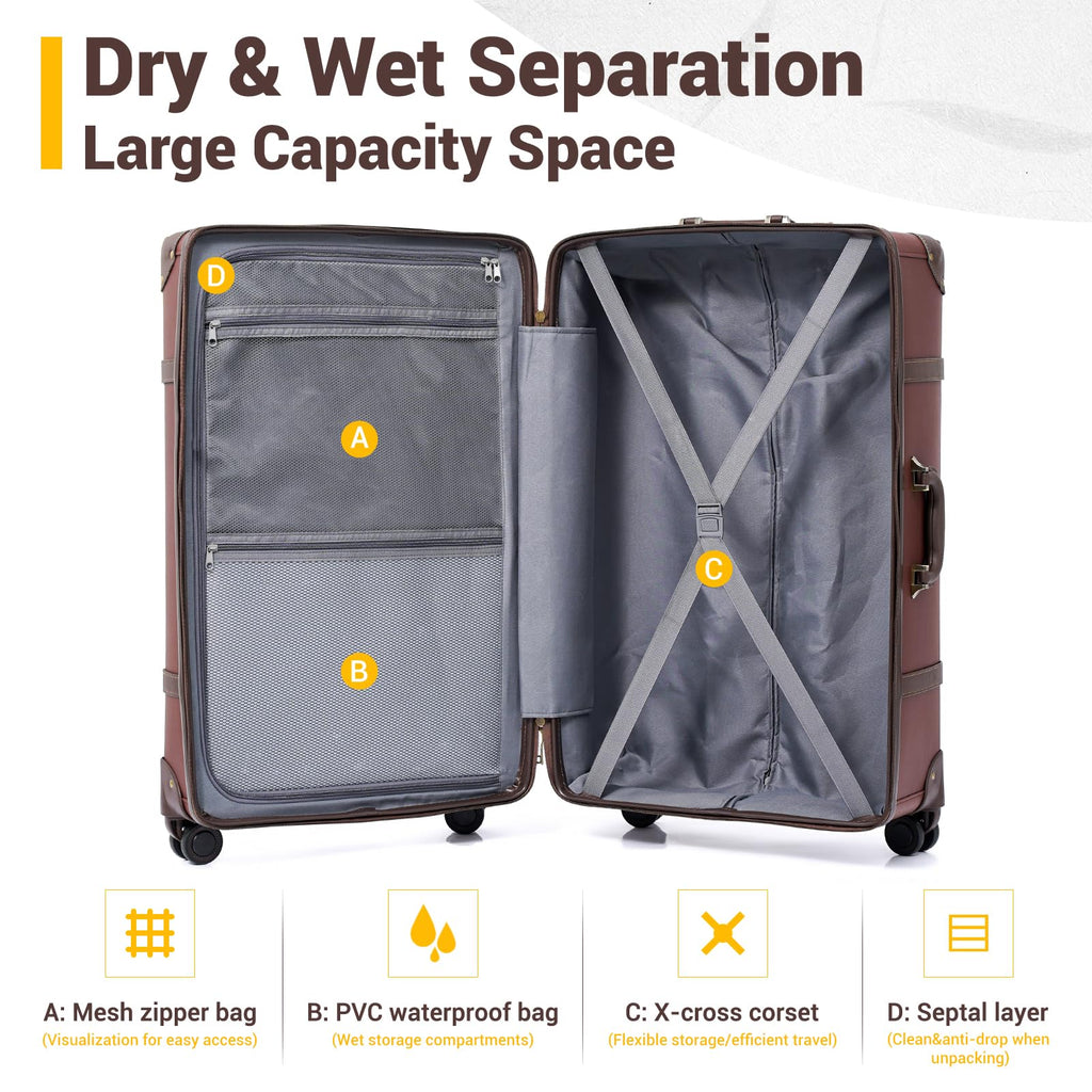 NZBZ Vintage Luggage Sets for Women, PU Leather Retro Suitcase, Vintage Trunk Luggage, Vintage Suitcase Set (Caramel Brown, 20", 24" & 28")