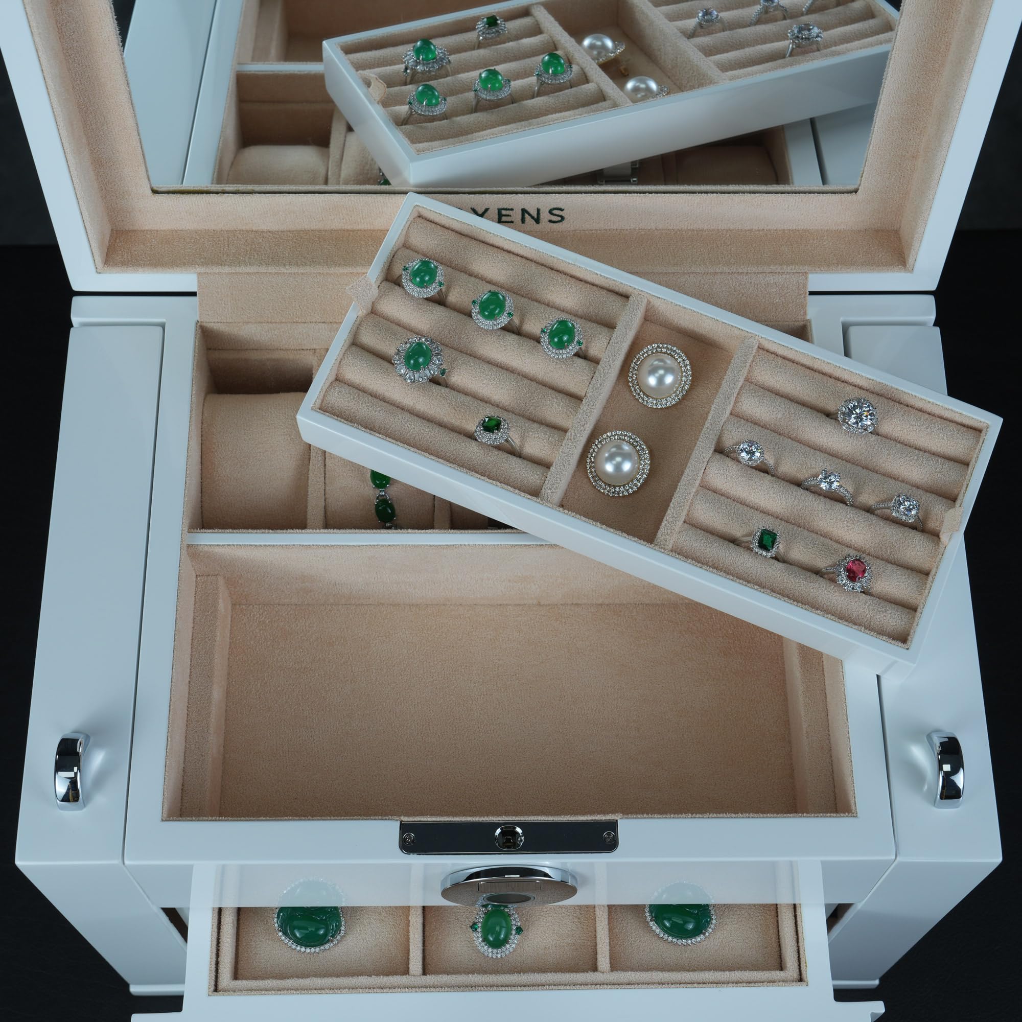 SYENS White Wood Jewelry Box, Large Size, Fingerprint Unlock, Seven Level Jewelry Organizer with Necklace Hanger and Mirror, High Gloss Lacquer Finish (5L-WT)