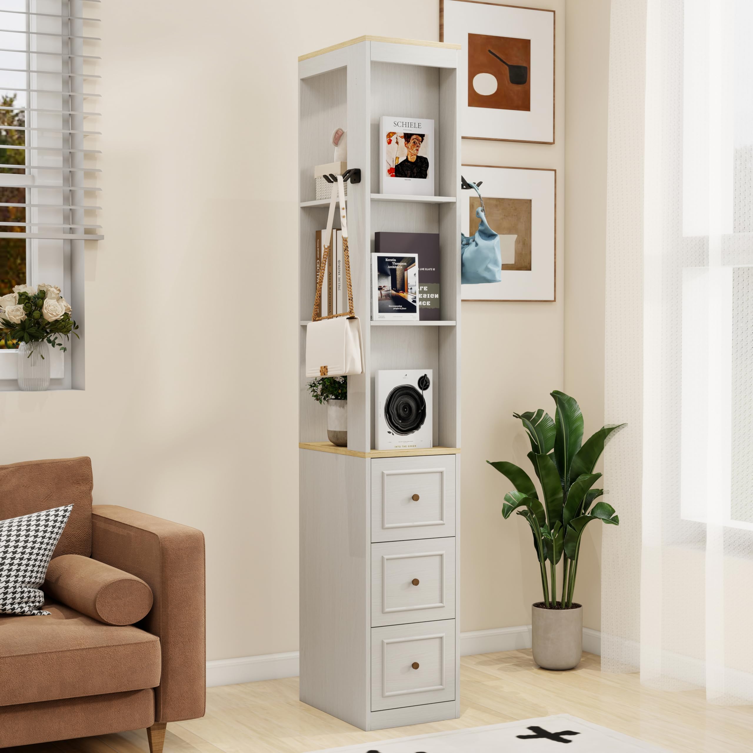 Havemies 73 Inch Media Storage Cabinet with Integrated Organization System, Antique White Slim Design Features 3 Drawers and Hooks for CD DVD and Game Console Display