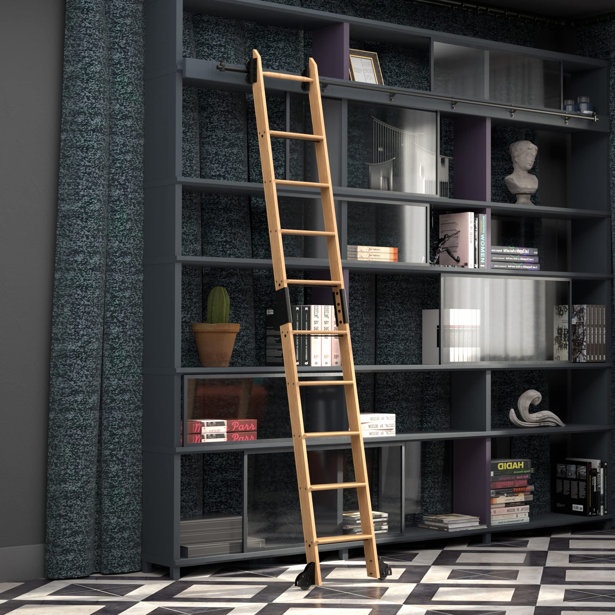 Quite Guide Library Ladder Kit Wooden Ladder 8 Foot 9 Foot 10 Foot Red Oak Unassembled (9 Foot)