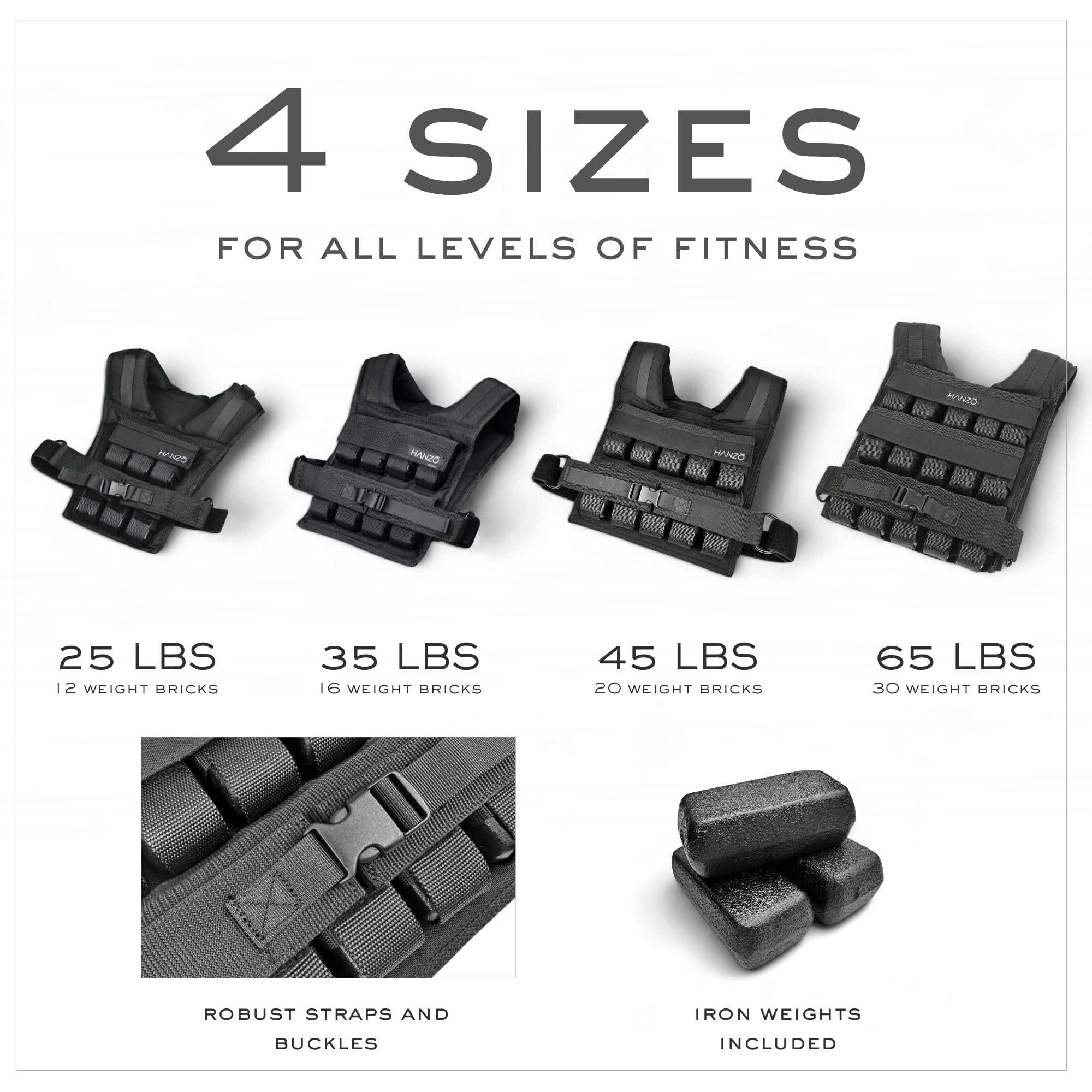 HANZO Weighted Vest for Men - Rucking & Strength Training Vest 25lbs–65lbs, Weight Vest With Removable Iron Weights, Adjustable Heavy Duty Weighted Workout Vest for Calisthenics & Fitness Training, Rucking Vest
