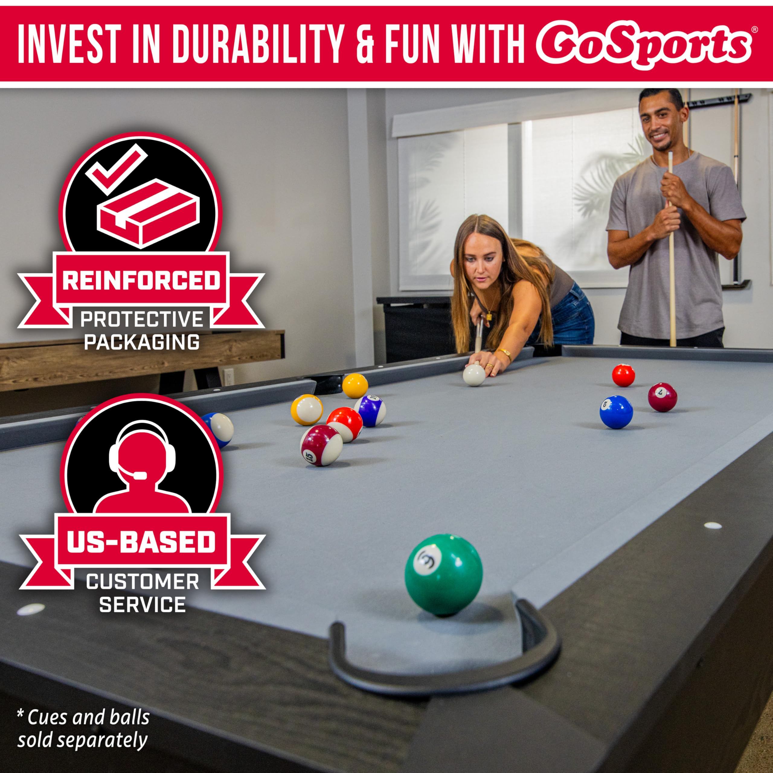 GoSports 8 ft Pool Tables with Wood Finish - Billiards Game Room Table for Adults & Family - Accessories Not Included - Gray