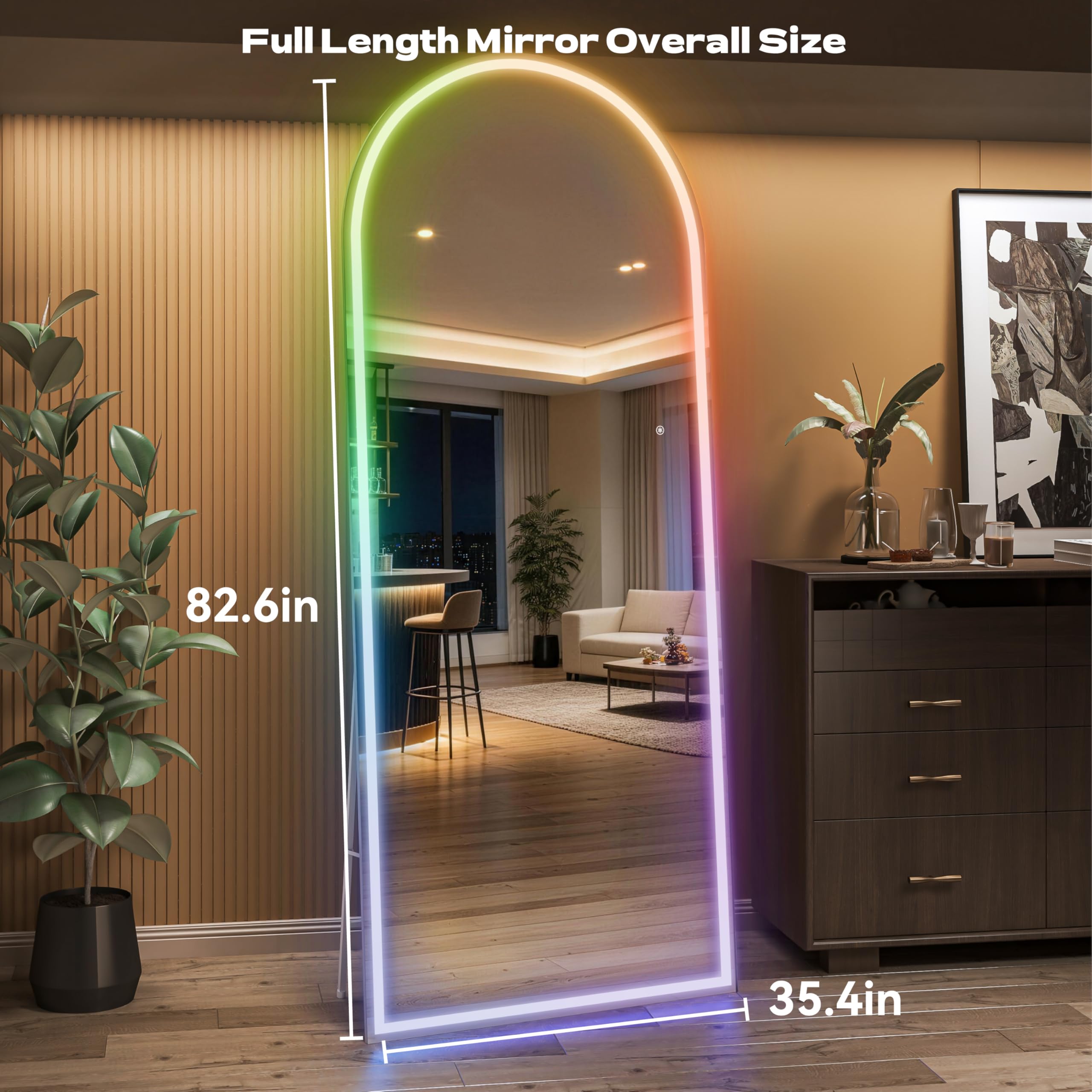 Hasipu Arch Full Length Mirror 83 x 36 in with Stand — Arch LED RGB Full Body Mirror, 7 Lighting Modes, Dimmable, Built‑in Bluetooth Speaker, White Frame for Bedroom Dressing Room
