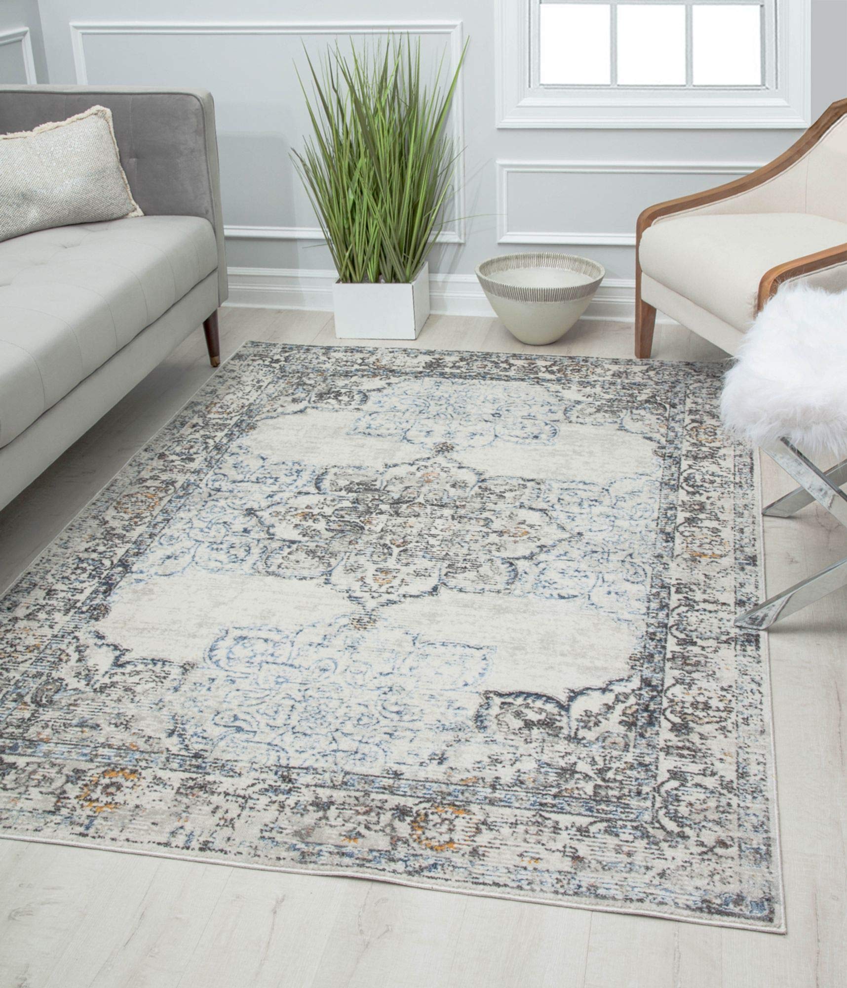 Rugs America Prescott PS35C White Bay Blossom Transitional Vintage 8x10 Area Rug, 8'0"X10'0"