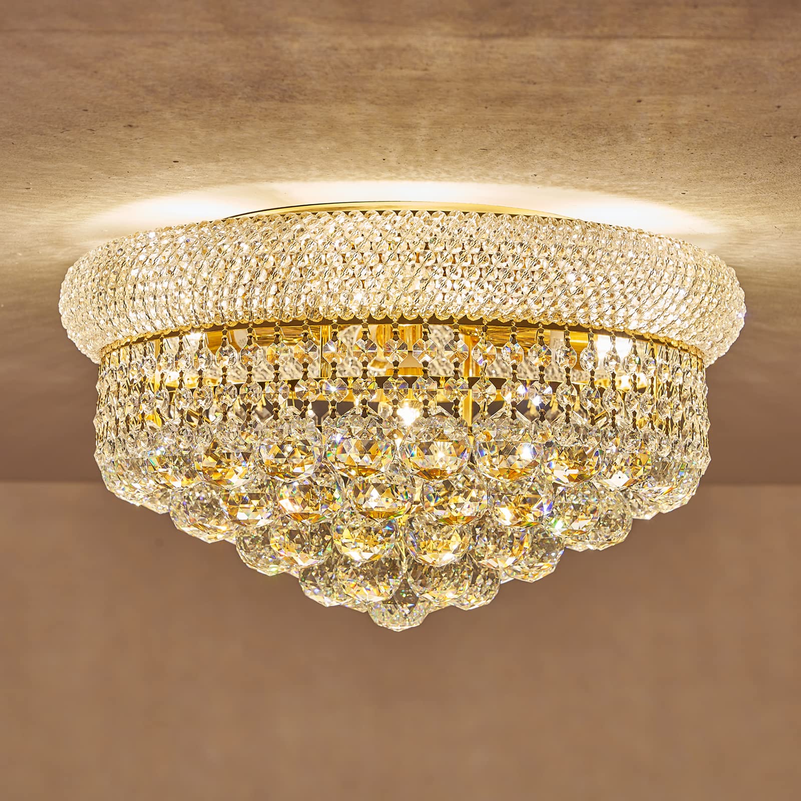 Homeooze 7 - Light Flush Mount Crystal Chandelier for Living Room Dining Room Entryway Hallway Bedroom Foyer Gold Finish