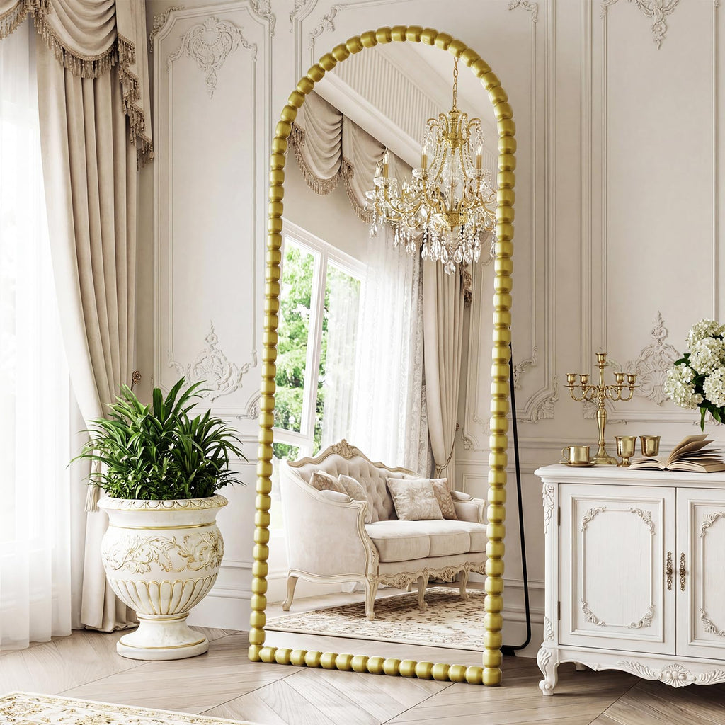 FlyEcho Arched Full Length Mirror, 71"x28" Antique Beaded Full Body Mirrors, Large Floor Mirror with Stand, Hanging Mounted for Bedroom Living Room Cloakroom Hallway Decor, PU Frame, Gold