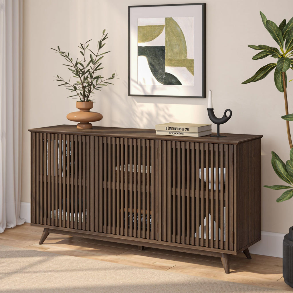 Plank+Beam Mid-Century Modern Wood TV Stand, Three Door Solid Wood Entertainment Console with Storage, 59" L x 16" W x 30" H, Walnut