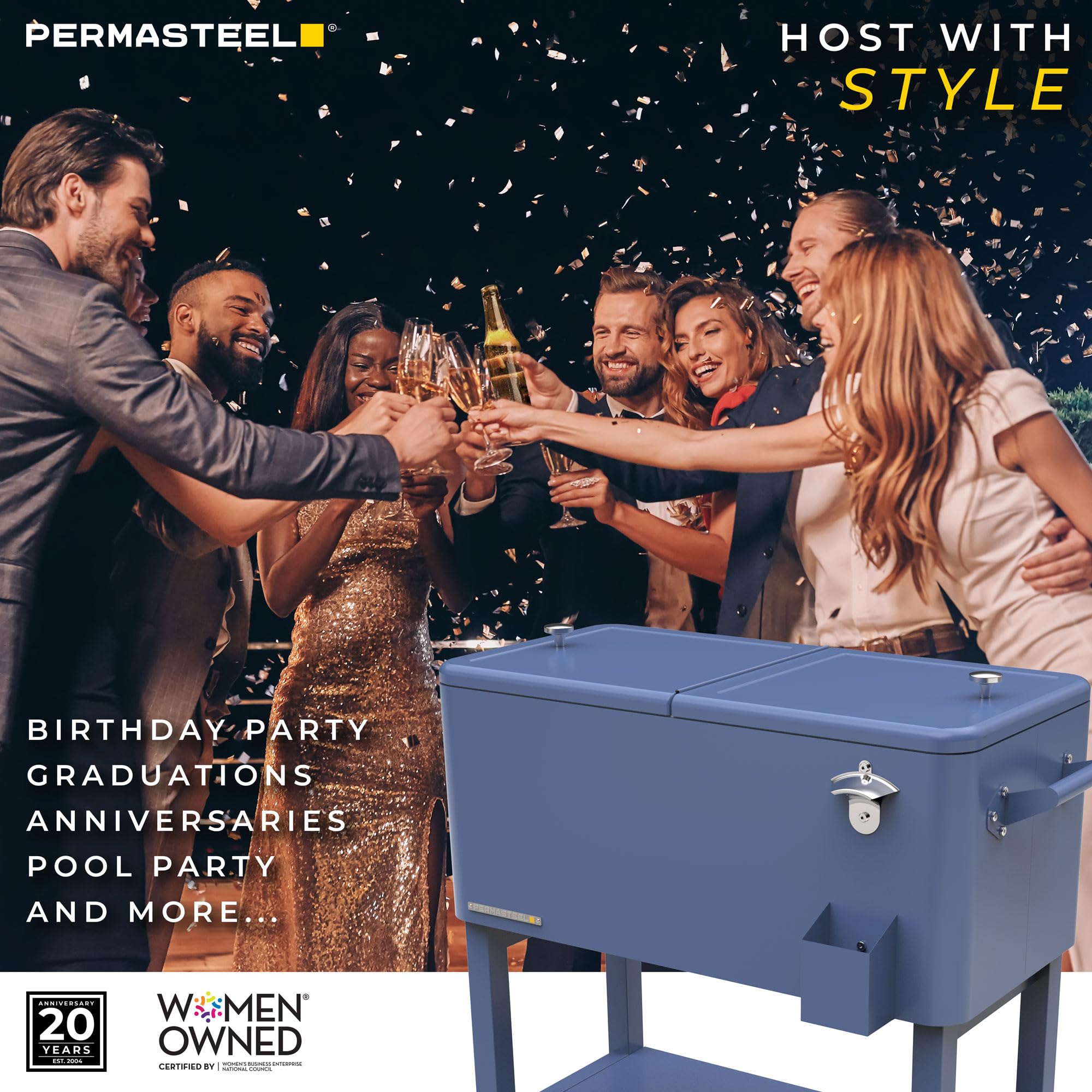Permasteel Party Cooler with Divider, Removable Basin, Spacious 80-Qt Capacity, Chills 36hrs, Serving Tray, Rolling Ice Chest for Indoor & Outdoor, Matte Blue