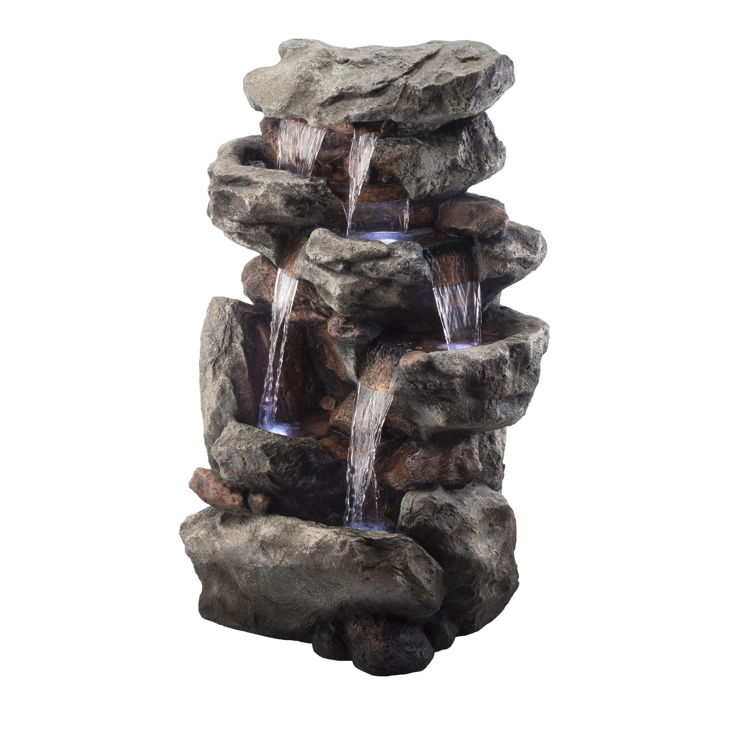 Alpine Corporation WIN730 Outdoor Floor Tiered Rock Waterfall Fountain with LED Lights and Natural Stone Look, 52", Brown