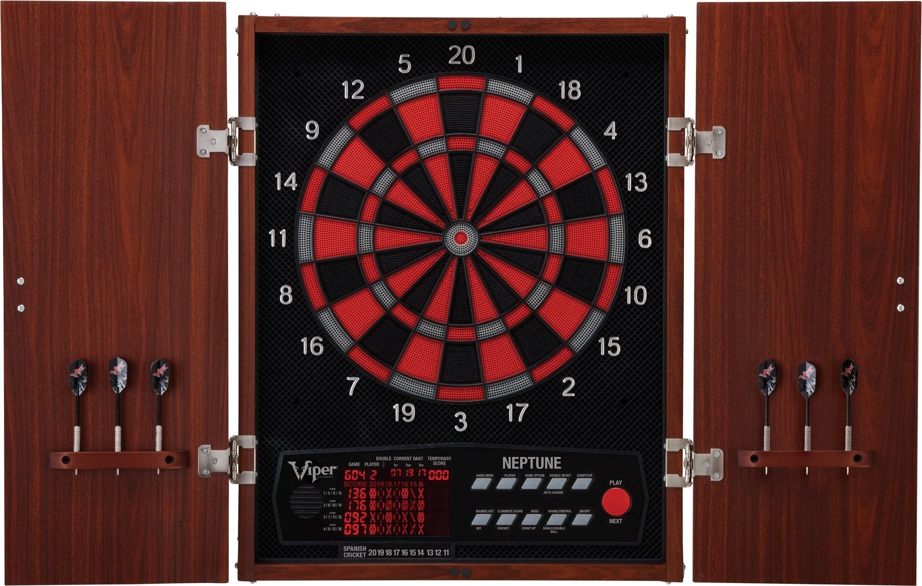 Viper Neptune Electronic Dartboard with Cabinet, 15.5 in Regulation Target, 57 Games, 16 Players, 6 Darts Included, Black