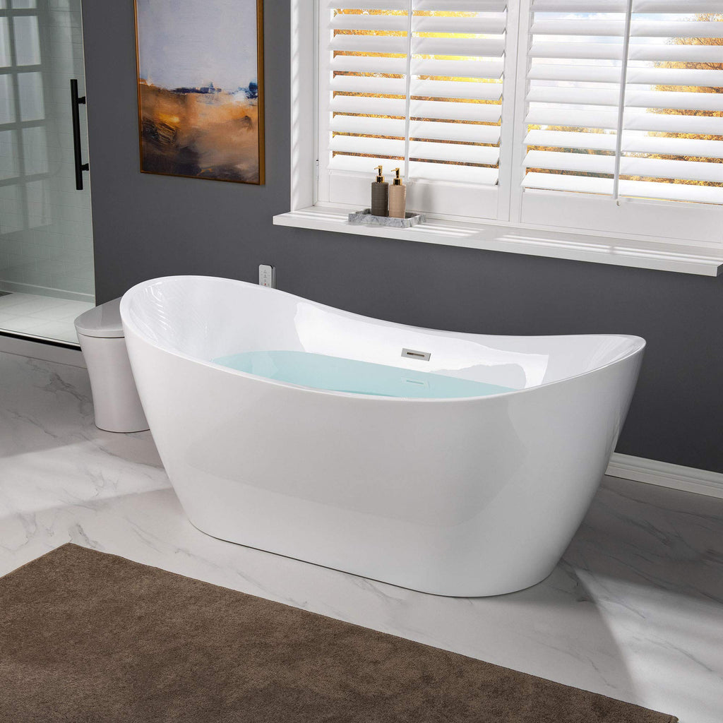 WOODBRIDGE 67" Acrylic Freestanding Bathtub Contemporary Soaking Tub, White Acrylic (Brushed Nickel Drain/Overflow) with Pillow