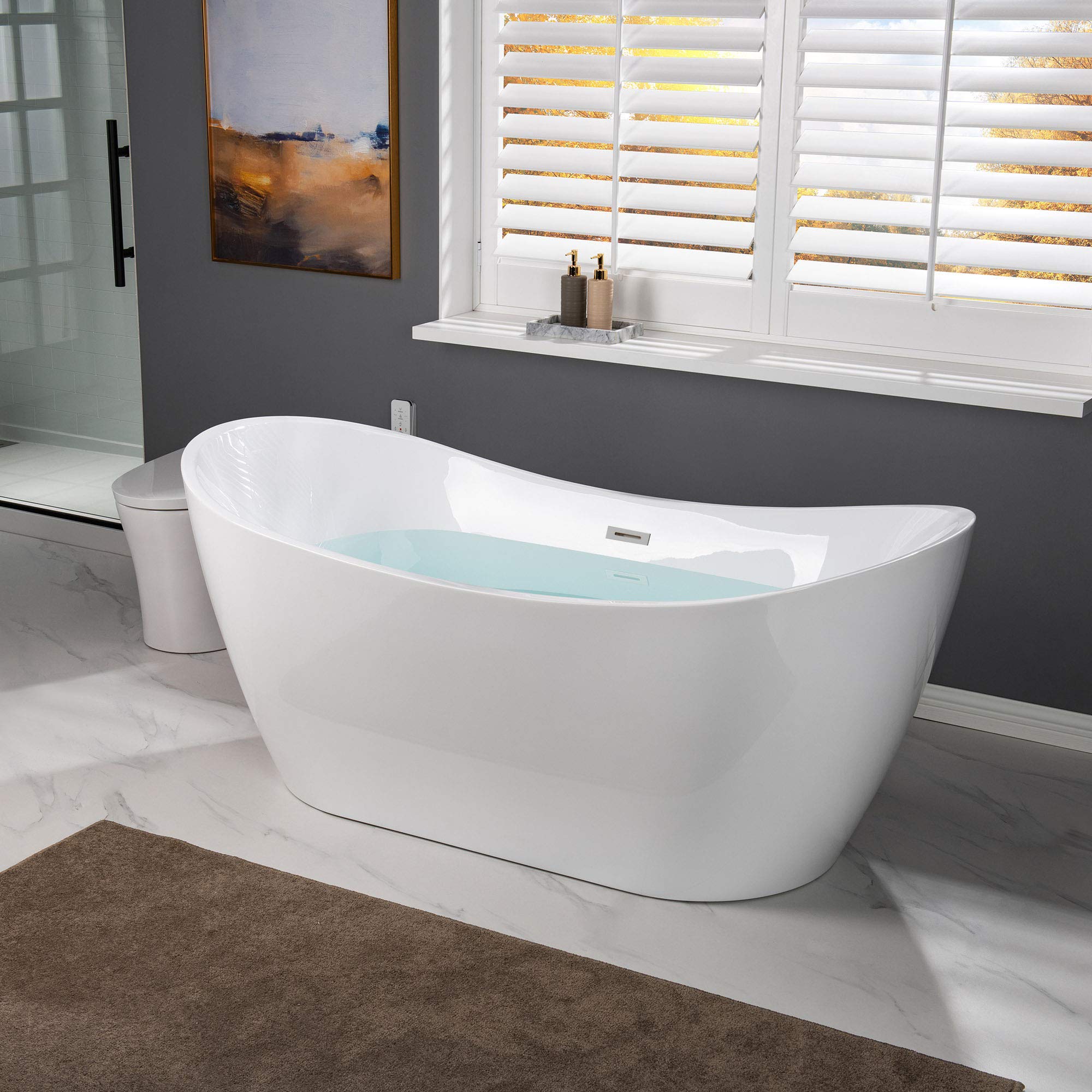 WOODBRIDGE 67" Acrylic Freestanding Bathtub Contemporary Soaking Tub, White Acrylic (Brushed Nickel Drain/Overflow) with Pillow