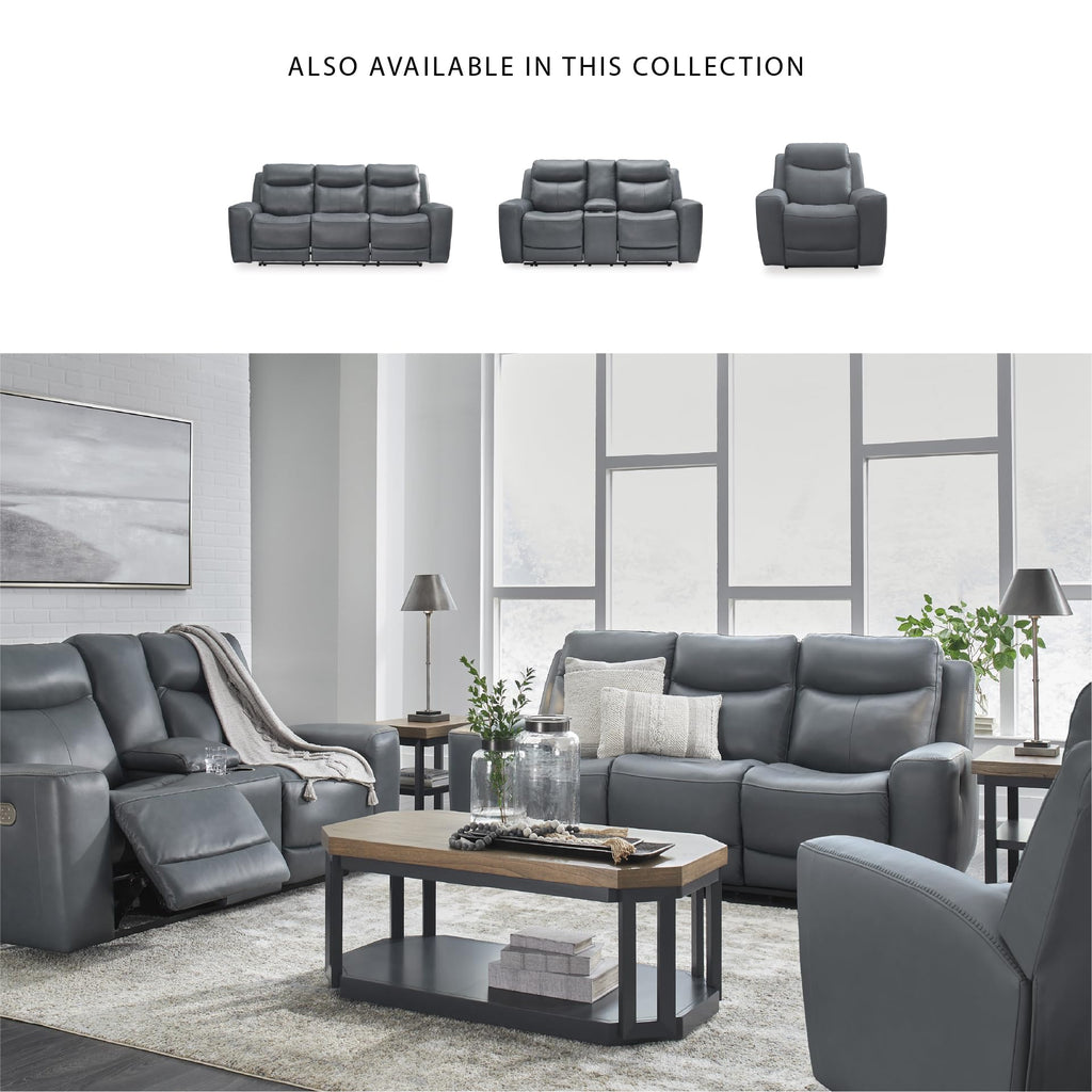 Signature Design by Ashley Mindanao Contemporary Leather Match Upholstered Power Recliner with Adjustable Headrest, Gray