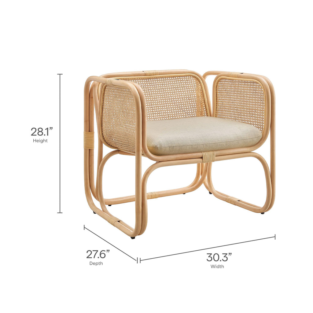 Ellis Natural Rattan Accent Armchair in Natural – Curved Low Lounge Chair with Cushioned Seat for Living Room, Sunroom, or Covered Patio
