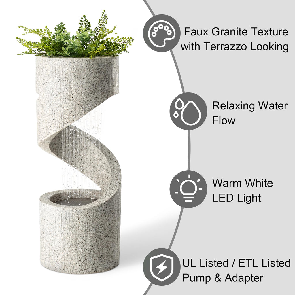 Glitzhome Outdoor Water Fountain with LED Light, Decorative Tiered Curved Waterfall Fountain with Stone Planter, Faux Terrazzo Spiral Shaped Outdoor Fountains for Garden Deck Patio Porch, 31.25”H