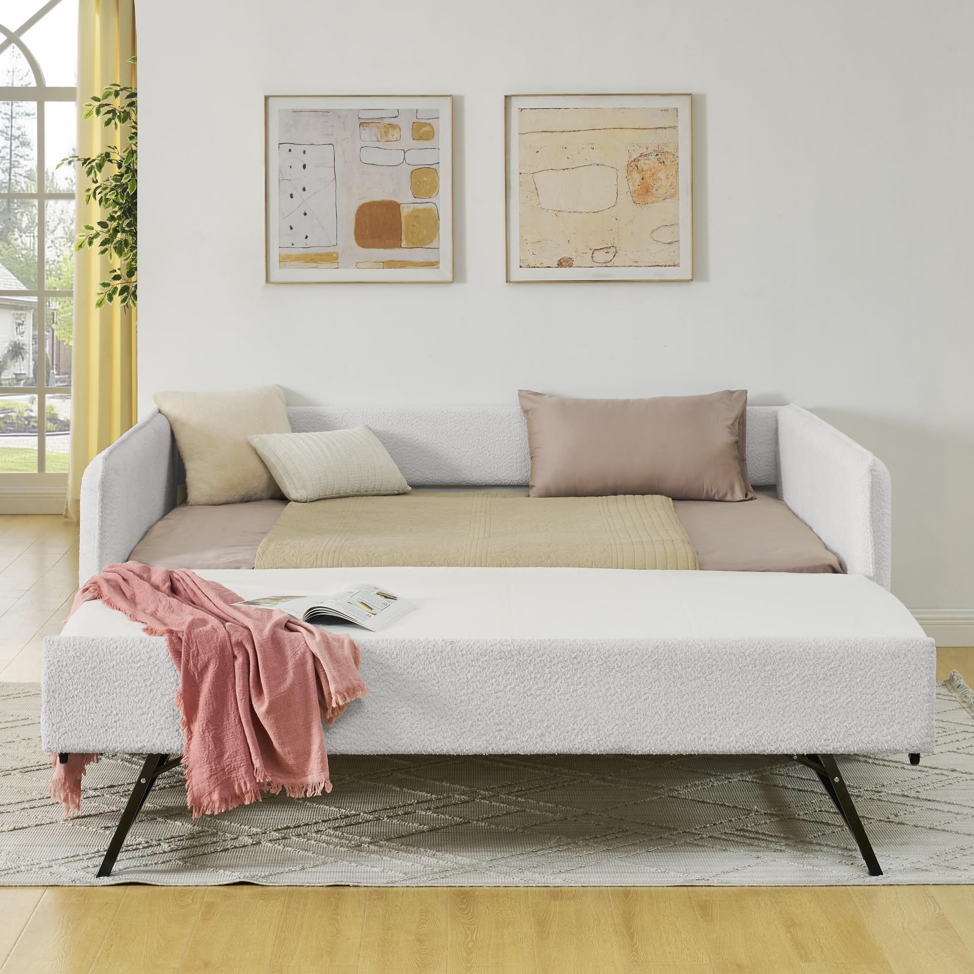 KEIKI Full Size Upholstery Tufted Daybed with Erectable Trundle, Full to King Design Modern Extendable Boucle Sofa Bed, Easy Assembly, No Box Spring Required, for Living Room and Bedroom, Beige