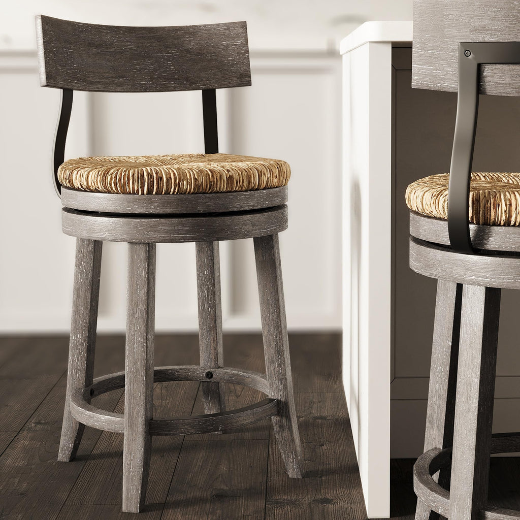 New Ridge Home Goods Farmhouse 26" Wood Counter-Height Bar Stool with Natural Seagrass Seat, Reclaimed Gray