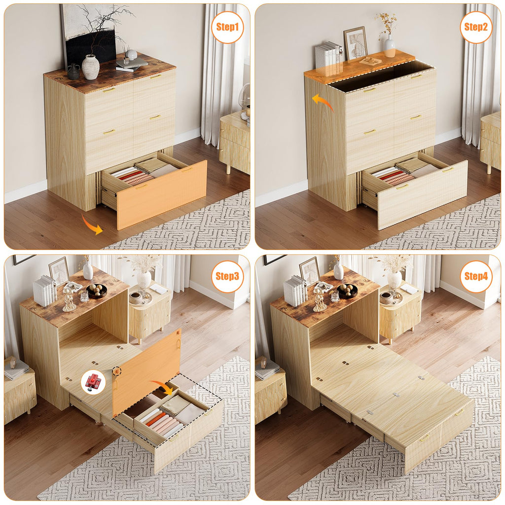 VINGLI Twin Murphy Bed with Storage Drawer,Fluted Wooden Foldable Bed Cabinet with Charging Station,Boho,Hideaway Paltform Panel Bed for Small Spaces,Guest Room,Office,Apartment,Beige