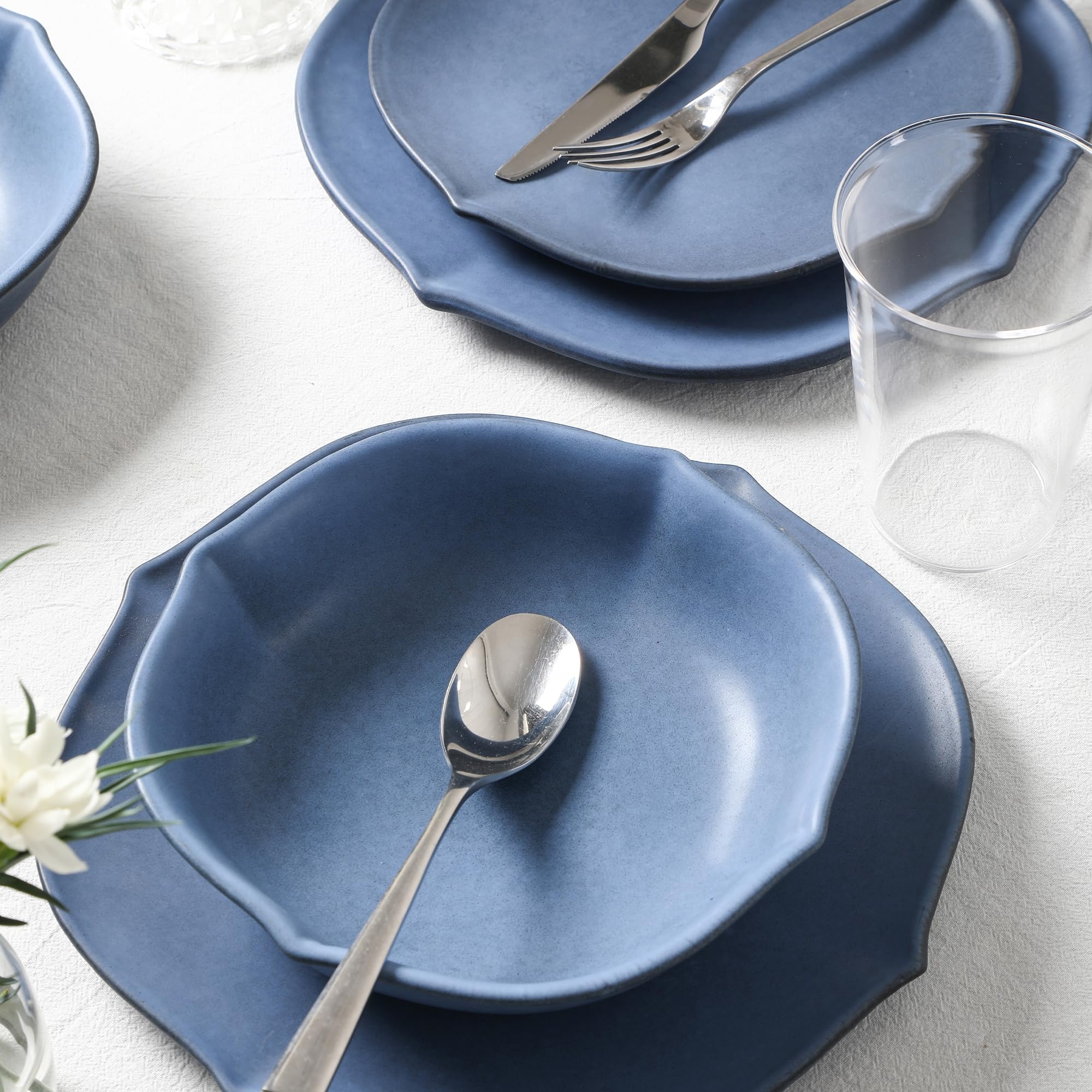 Stone Lain Baskerville 32-Piece Dinnerware Set Stoneware, Borosilicate Glass, Blue