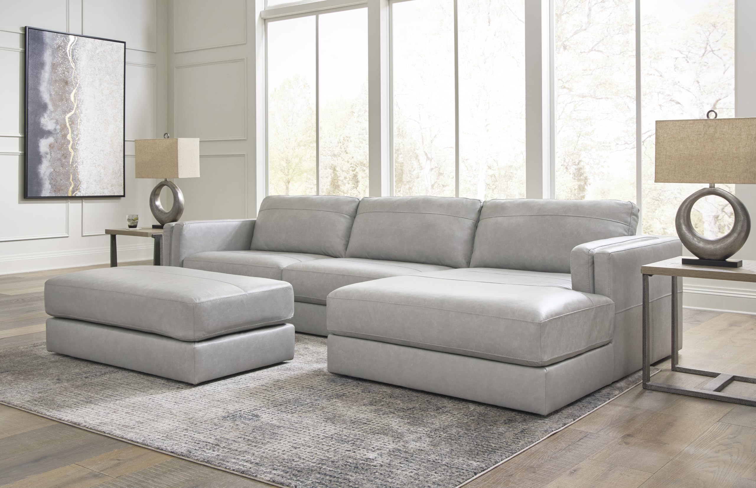 Signature Design by Ashley Amiata Modern L-Shaped Leather Match 2-Piece Sectional with Chaise, Light Gray