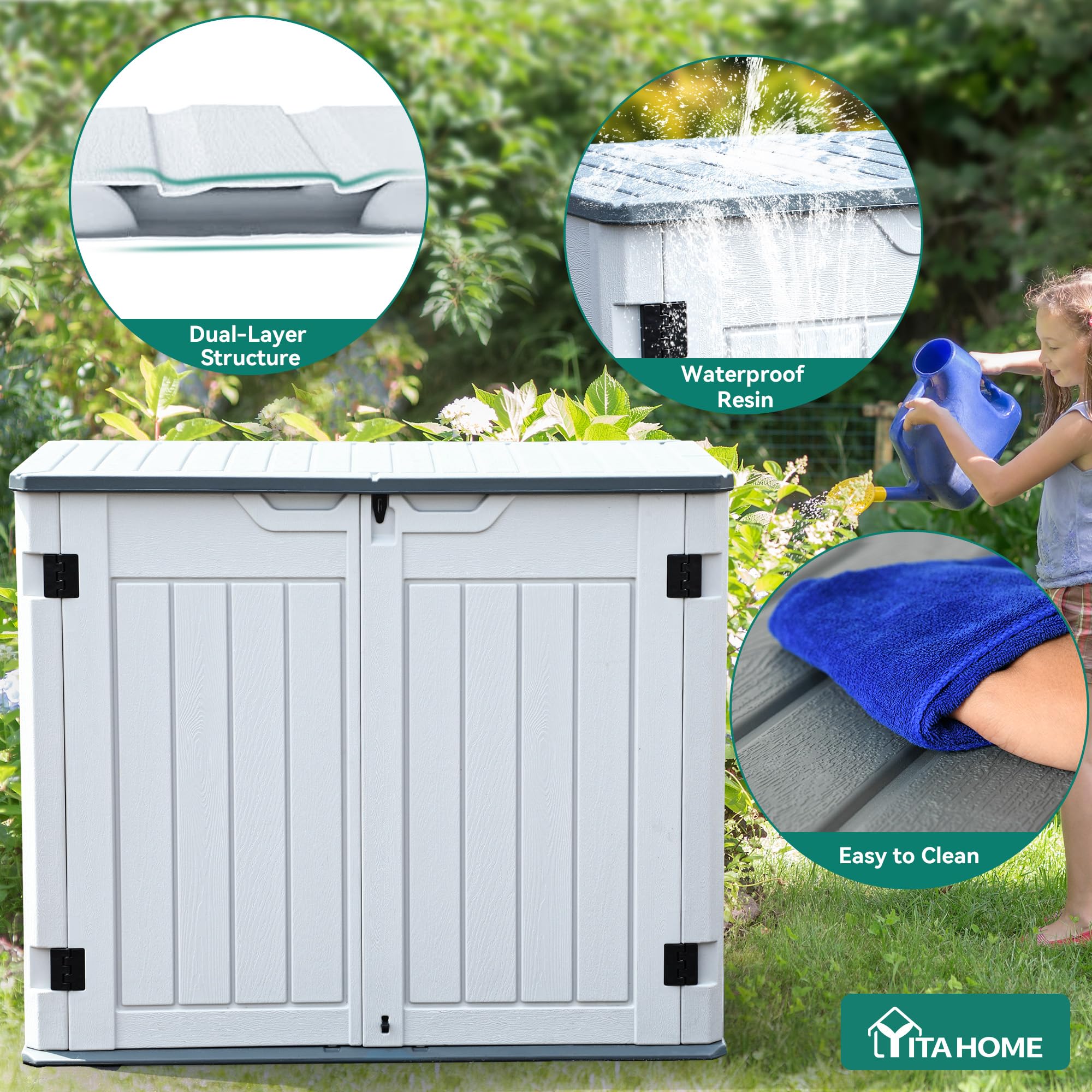 YITAHOME Outdoor Resin Storage Sheds, 39 in Height Lockable Waterproof Horizontal Shed w/o Shelf, Easy to Assemble Shed Storage for Garden Tools, Light Gray